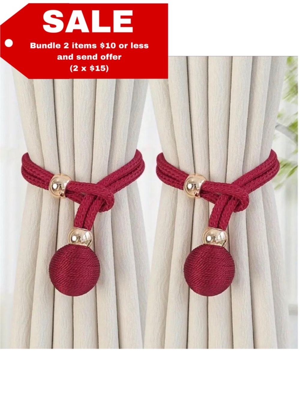 New Pair of red fabric curtain tiebacks with gold colored beads